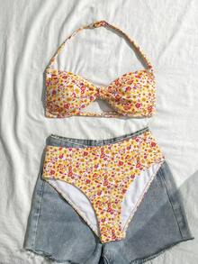 SHEIN 少女夏季沙滩印花挂脖比基尼和三角泳裤套装 - 彩色 - 查看 5