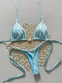 Swim Vcay 两件式泳衣套装，采用金属蛇纹面料，饰以水钻，三角胸罩上衣搭配系带丁字裤泳裤，性感女士比基尼泳装套装，适合春夏度假穿着 - 藍色 - 查看 8