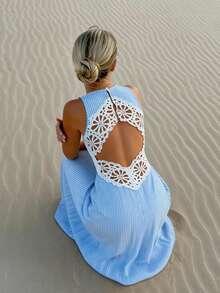 Firerie 女士优雅春夏浪漫休闲海滩度假日常时尚婚礼派对蓝白条纹露背蕾丝拼接透视无袖A字蓝色长裙 - 藍白色 - 查看 3