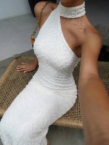 Firerie 女士优雅度假情人节新款简约浪漫约会露背吊带单肩飘逸连衣裙，杏色纹理面料修身连衣裙，度假连衣裙，婚礼季正式礼服 - 杏色 - 查看 1