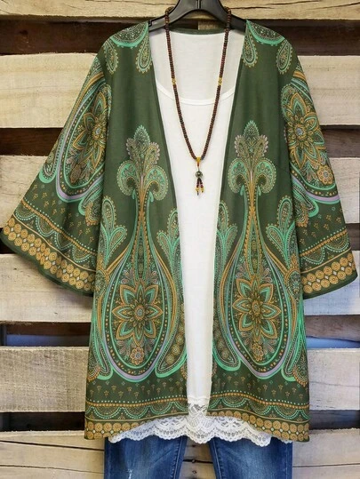 Rusticease 大码复古佩斯利印花开襟羊毛衫，夏季