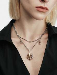 MortiRose Silver Star Moon Double Layer Personalized Gothic Pendant Necklace,Goth/Gothic/Punk/Grunge/Dark Gothic,Streetwear,Summer/Festival/Prom/Party,Vintage,Black - Silver - View 1