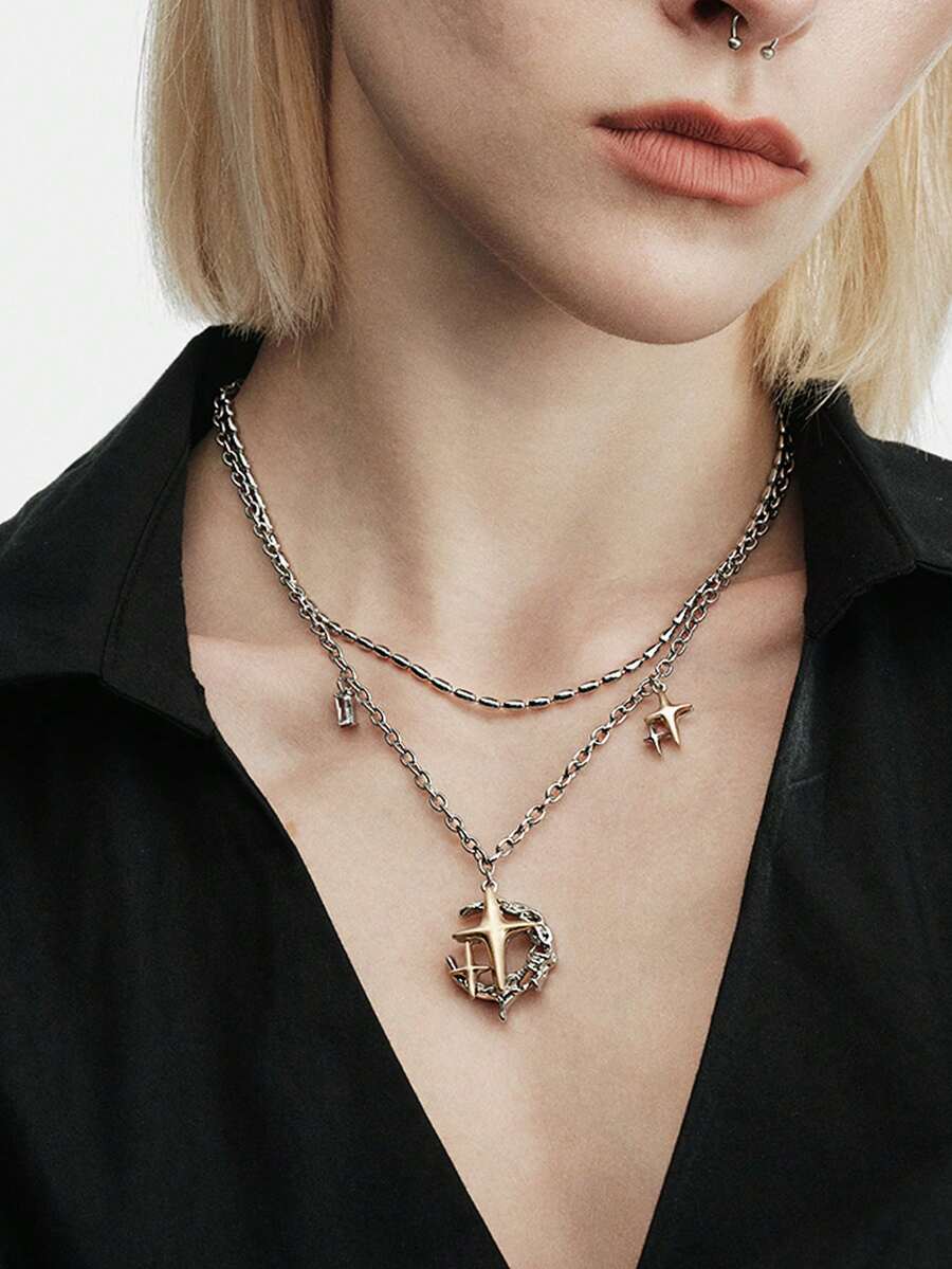 MortiRose Silver Star Moon Double Layer Personalized Gothic Pendant Necklace,Goth/Gothic/Punk/Grunge/Dark Gothic,Streetwear,Summer/Festival/Prom/Party,Vintage,Black - Silver - View 1