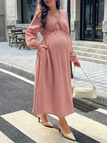 SHEIN Đầm bầu tay dài cổ chữ V sâu thắt nơ phía trước dáng chữ A - Bụi hồng - Xem 4