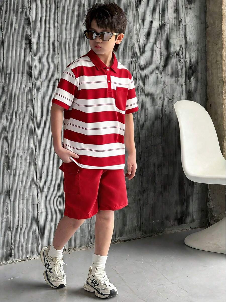 Mirajuku 2pcs Boys' Casual Academy Style White & Red Striped Polo Shirt + Red Woven Shorts Set, Suitable For Summer Outdoor Activities - Red - View 1
