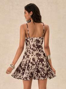Easelle Camouflage Knit Brown Spaghetti Strap Mini Dress For Women Summer Festival Party Country Concert Outfit Cowprint Patchwork Lace,Summer Dresses - Brown - View 2