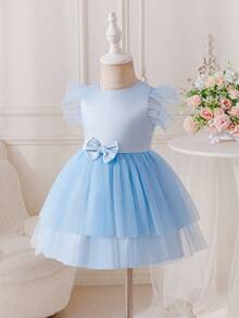 Glamorique Kids Đầm dự tiệc mùa xuân/hè mới cho bé gái, chất liệu satin trơn phối lưới tương phản, nơ 3D, tay áo xòe, chất liệu voan. - Màu xanh lam - Xem 3