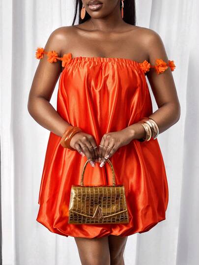 BamGleam Women's Vacation Style Solid Color One-Shoulder Dress With 3D Floral Decor