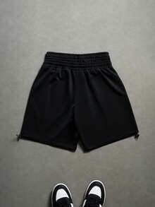 PAVTROS Shorts jovens, casuais, com cós duplo, listra lateral branca e estampa. - Preto - Ver 2