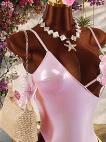 Amplova Women's Starfish Bra Splice One-Piece Swimsuit, Sexy & Avant-Garde, Suitable For Beach Vacation, Blue Solid Color Monokini Summer - Pink - View 6