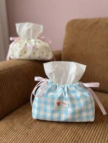 Joivida 1个蓝色格子抽绳纸巾袋 - 清新整洁的桌面收纳方案。 - 彩色 - 查看 2