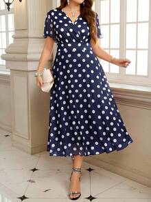 Reflora Đầm nữ mùa xuân màu đỏ phối trắng chấm bi, chất liệu lưới, thắt eo, cỡ lớn, thanh lịch, lãng mạn cho ngày Valentine. - Màu xanh hải quân - Xem 3