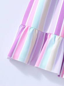 SHEIN Vestido de verano casual y lindo estilo coreano para niñas, vestido de verano coreano elegante y encantador para niños, hecho de tela tejida con estampado de rayas de colores - Morado - Ver 3