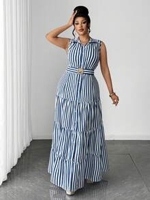 Maweii Vestido camisero retro francés casual con cuello vuelto, a rayas y efecto estilizante sin mangas - Azul - Ver 5