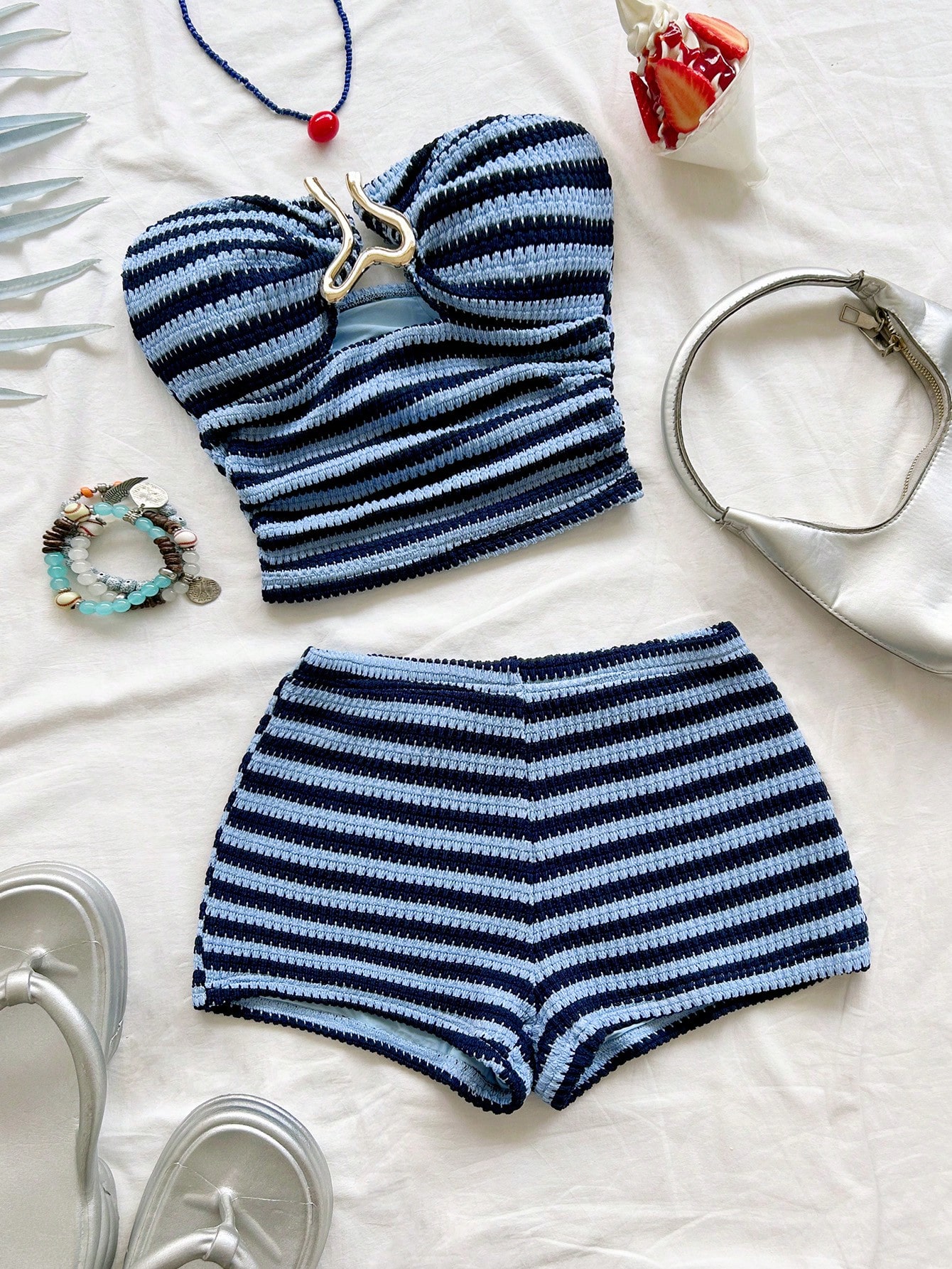 Soleia Women’S Navy Blue Striped Textured Crochet 2 Piece Set,Metal Buckle Tube