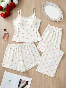 SHEIN Cotton Rib Knit 3 Pcs White With Pinl Heart Pattern With Contrast Colour Lace Detail Sleevless Top&Shorts&Long Pants Homewear Comfort Casual Women Lounge Set For Summer - White - View 5