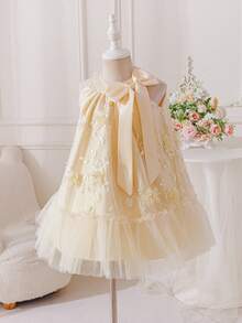 Glamorique Kids Đầm dự tiệc sinh nhật thanh lịch cho bé gái, cổ yếm, tay bồng, họa tiết hoa và nơ lớn. - Màu be - Xem 10