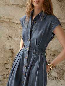 PREMIUM WOMEN'S CASUAL COMMUTER PLEATED WAIST DENIM DRESS, WITHOUT BELT, SPRING/SUMMER - Medium Wash - View 2