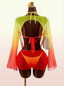 Amplova 3pcs Women's Sexy Halter Bikini Set - Top, Bottom, And Cover-Up Summer Beach Vacation Bathing Suit - Multicolor - View 2