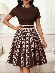 SHEIN Lady Women's Geometric Print Patchwork Round Neck Short Sleeve Elegant Dress - Brown - View 5