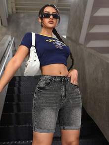 SHEIN Essnce Quần short denim nữ kiểu dáng thường ngày, có túi và cúc. - Xám - Xem 3