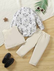 SHEIN 3 Stücke/Set Baby Jungen Gentleman Outfit, beinhaltet Weste, Langarm Bambus Hemd Jumpsuit und Hose. Geeignet für Säuglinge und Kleinkinder bei verschiedenen Herbst-/Winteranlässen, perfekt für Hochzeiten, Partys und den Alltag - Aprikosenfarben - Übersicht 2