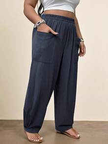 Freevana Plus Size Casual Pocket Hem Pants - Navy Blue - View 5