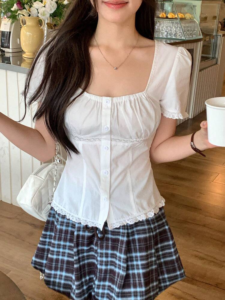 Women's Square Neck Casual Short Sleeve Shirt