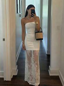女士优雅精致浪漫舞会礼服婚礼宾客露背情人节派对蕾丝拼接连衣裙 - 白色 - 查看 2