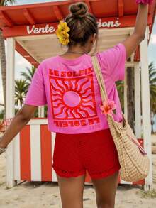 DrmWander 大码夏季休闲阳光字母印花T恤 - 粉色 - 查看 3