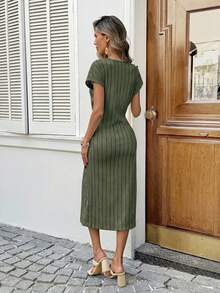 SHEIN LUNE 女款休閒條紋夏季度假通勤日常基礎時尚短袖打結中長洋裝 - 墨綠色 - 查看 2