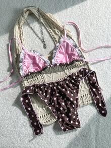 Swim Mod Women's Random Print Halter Neck Ruffle Bikini Set, Spring/Summer - Multicolor - View 2