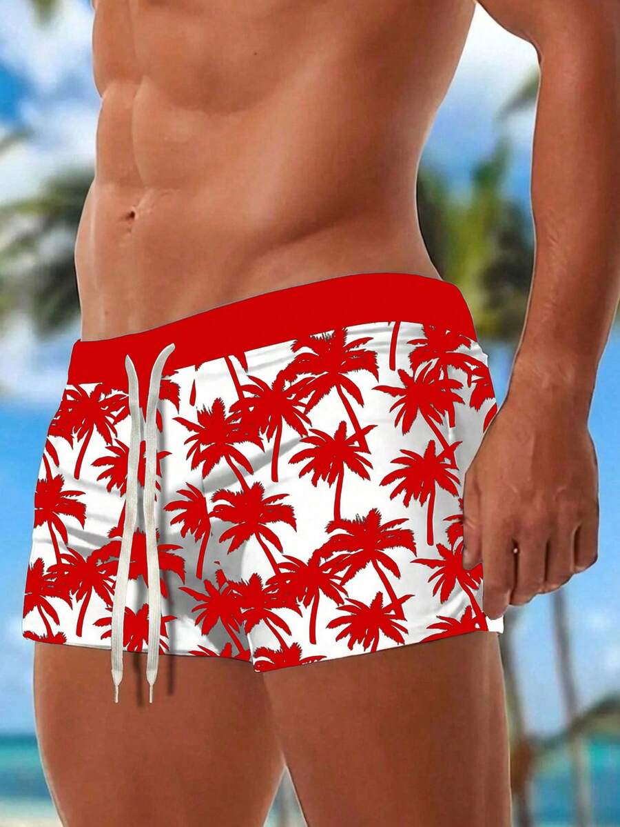 Manfinity Swimmode 男士热带椰树印花抽绳腰带休闲沙滩/泳池泳裤 - 紅白色 - 查看 1