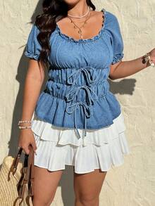 Rivivi Plus Size Women Casual Boho Washed Denim Blouse Vacation Blue Summer - Medium Wash - View 4