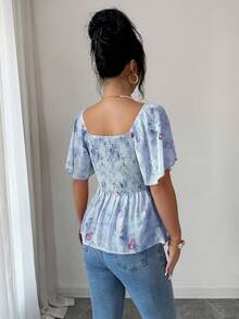 Elenzga 女士优雅蝴蝶印花蝙蝠袖褶皱甜美法式衬衫，时尚百搭，优雅精致。适合各种场合，从正式工作装和通勤装，到性感装扮、浪漫法式风情、休闲外出、度假、中东复古主题活动、温馨下午茶聚会、迷人派对，以及新年、感恩节、圣诞节、情人节和其他节日庆典，春夏皆宜。 - 藍色 - 查看 2
