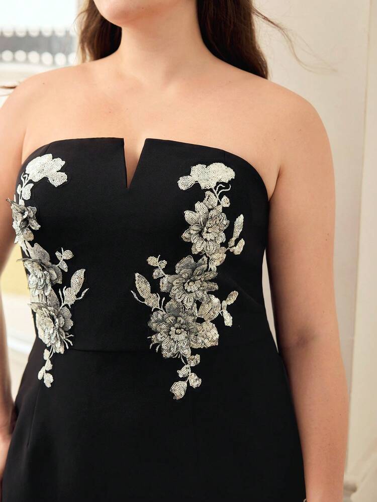 PLUS SIZE APPLIQUES STRAPLESS DRESS
