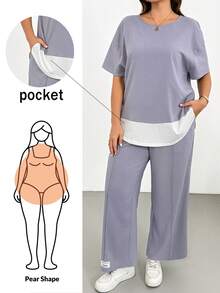 Shapeblank Bộ đồ hai mảnh ngắn tay màu tím dành cho nữ cỡ lớn, phong cách xuân hè, thoải mái, rộng rãi, cơ bản, đa năng, tôn dáng, chất liệu vải có họa tiết, thích hợp mặc hàng ngày, cơ bản, có thể mặc khi đi máy bay, quần hoặc bộ đồ. - Màu tím - Xem 1