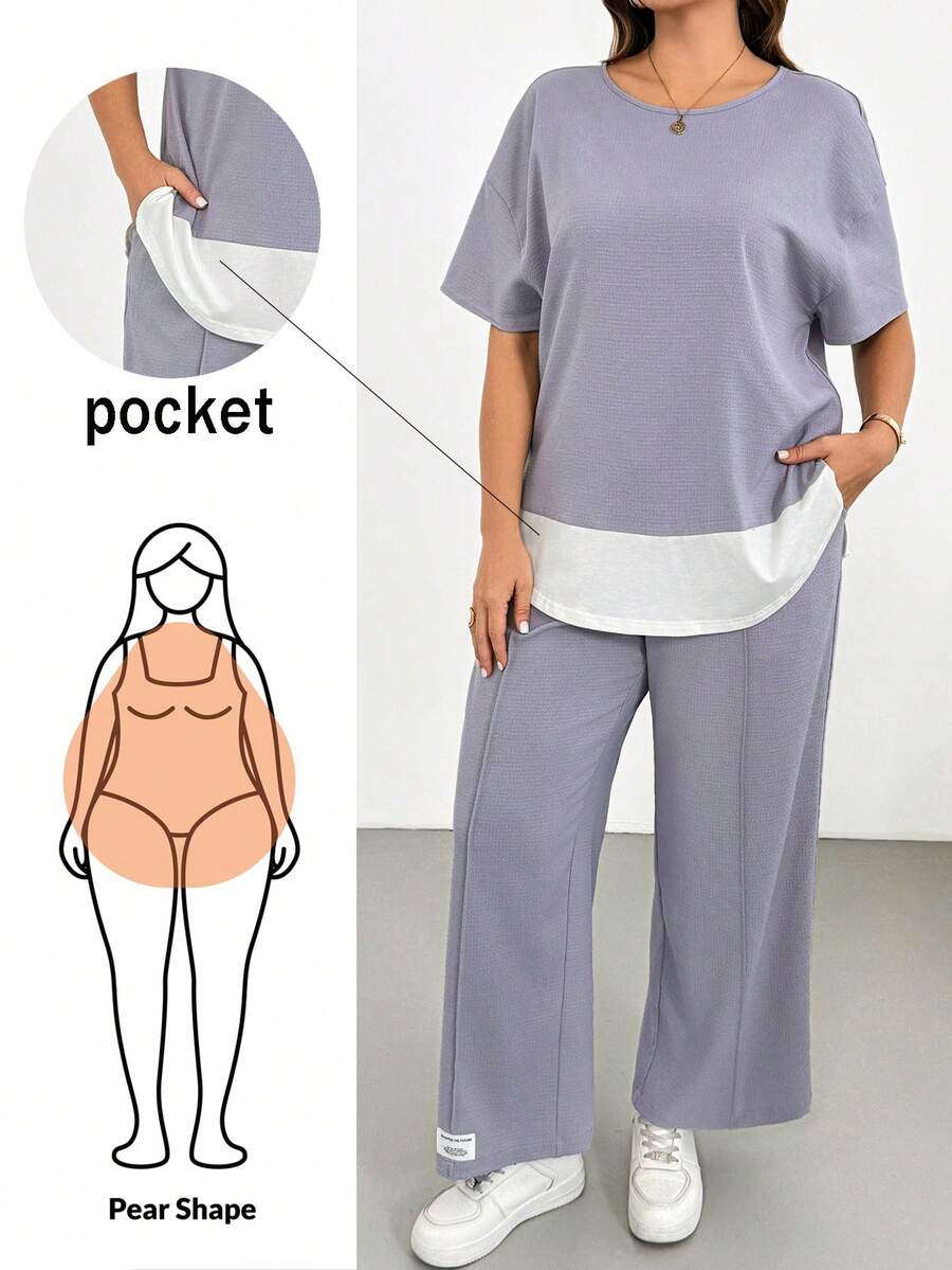 Shapeblank Bộ đồ hai mảnh ngắn tay màu tím dành cho nữ cỡ lớn, phong cách xuân hè, thoải mái, rộng rãi, cơ bản, đa năng, tôn dáng, chất liệu vải có họa tiết, thích hợp mặc hàng ngày, cơ bản, có thể mặc khi đi máy bay, quần hoặc bộ đồ. - Màu tím - Xem 1