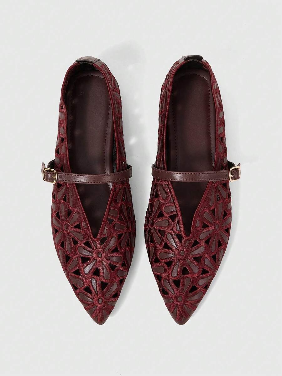 Sleekvia Women's Casual Versatile Commuter Hollow Embroidered Pointed Shoes - Burgundy - View 1
