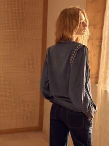 MOTF STUDIO WOMEN'S DENIM EMBROIDERED RUFFLE SLEEVE LOOSE BLOUSE, SPRING/AUTUMN - Medium Wash - View 8