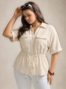 Comfylo Plus Size Women Drawstring Waist Short Sleeve Utility Pocket Loose Shirt - Apricot - View 6