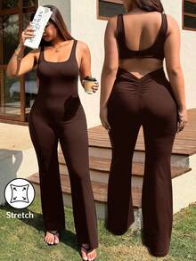 SHEIN EZwear 大码深棕色镂空喇叭裤休闲连体裤，春夏款，高弹力，百搭修身连体裤，紧身连体裤 - 棕色 - 查看 3