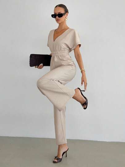Siren Gaze Women's Solid Color Pleated Waist V-Neck Jumpsuit, Summer Casual Linen Jumpsuit
