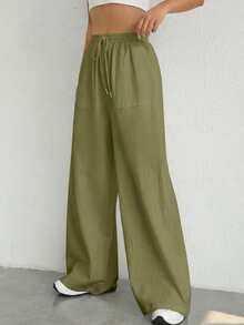 SHEIN Tall CURVE Plus Size Drawstring Waist Wide Leg Pants Fall - Army Green - View 4