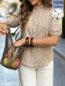 Camisa casual de mujer de color marrón, 100% algodón, decorada con bordados, ribete de volantes y de un solo pecho, camisa elegante de damas de color marrón, camisa marrón calada, est - Albaricoque - Ver 5