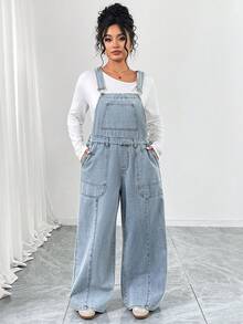 Elenzga Plus Size Women's Elegant & Comfortable Light Blue Non-Stretch Denim Bib Pants, Summer - Light Wash - View 1