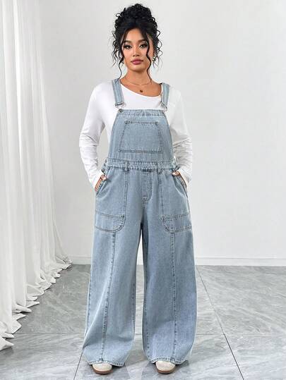 Elenzga Plus Size Women's Elegant & Comfortable Light Blue Non-Stretch Denim Bib Pants