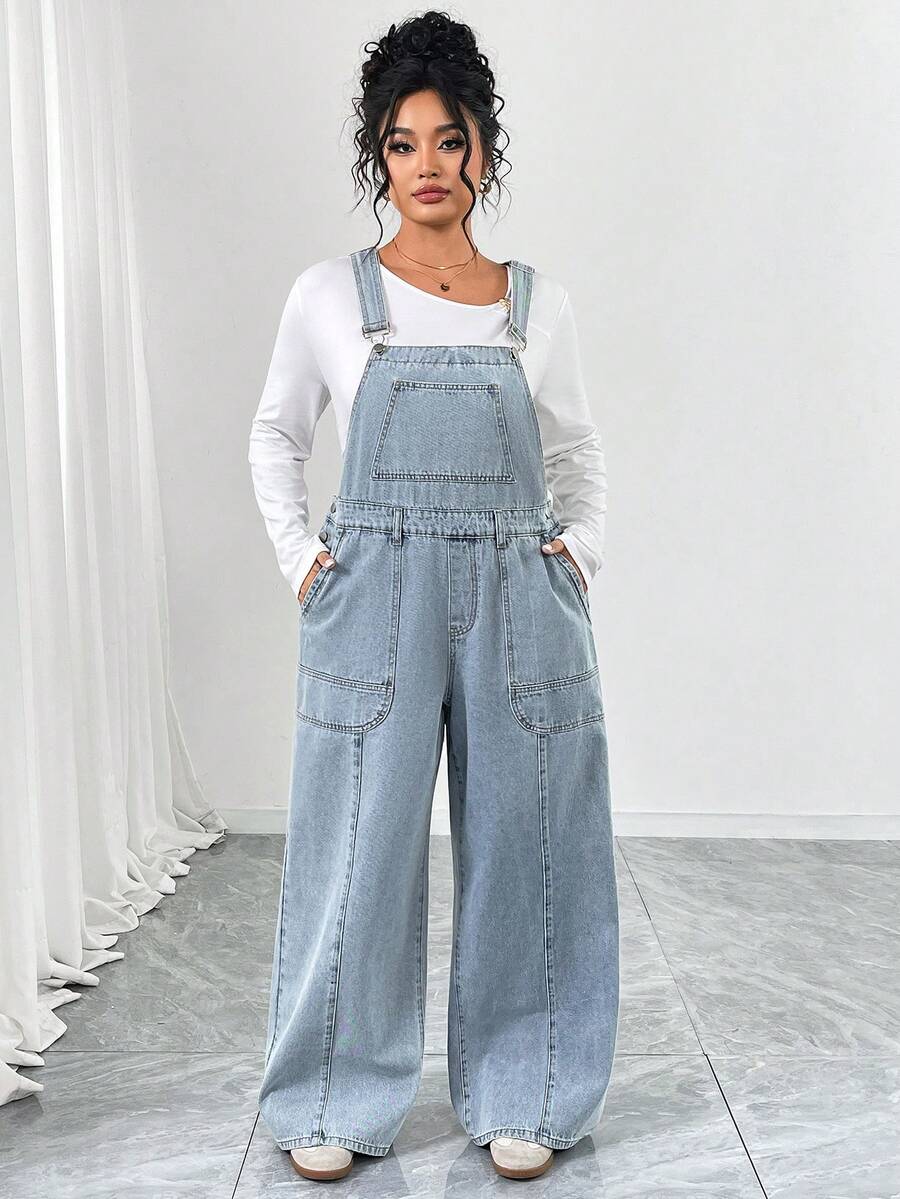 Elenzga Plus Size Women's Elegant & Comfortable Light Blue Non-Stretch Denim Bib Pants, Summer - Light Wash - View 1