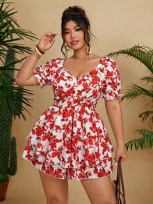 Vionelle Plus Size Women Vacation Blue Floral Print Short Sleeve Romper - Red - View 1
