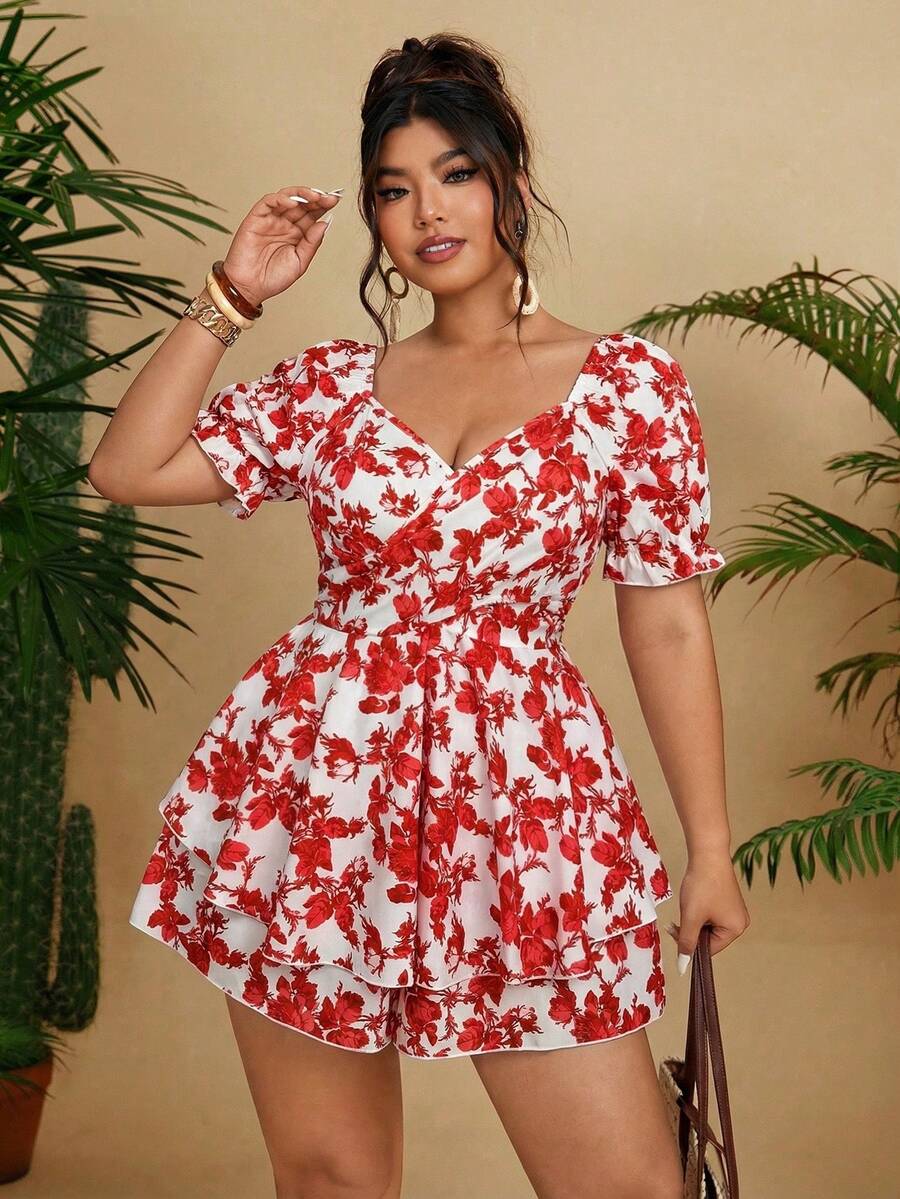 Vionelle Plus Size Women Vacation Blue Floral Print Short Sleeve Romper - Red - View 1